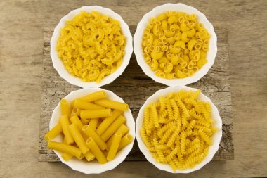 collection of pasta in white plate on wooden background