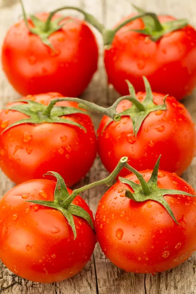 Few red tomatoes branch on wooden background — Stock Photo, Image