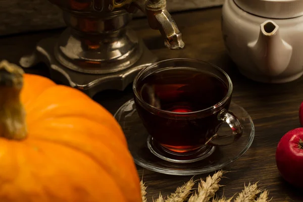 Tea still life with samovar, apples, ripe orange pumpkins, maple leaves, wheat on wooden background. Thanksgiving, autumn. — Stockfoto