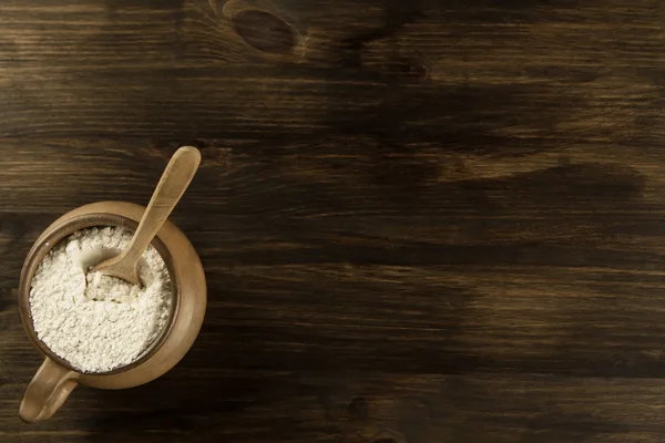 Pot of flour on wooden background.  homemade, menu, recipe, mock up — Stock Photo, Image