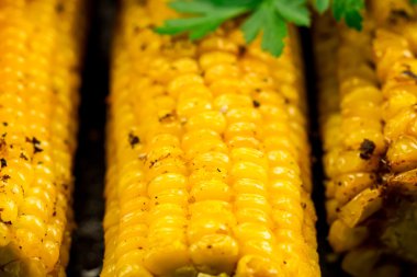 ahşap arka plan üzerinde baharatlar ile bir tavada kızarmış Mısır. Sağlıklı vejetaryen yemek.