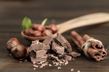 Broken chocolate bar, hazelnut and cinnamon on wooden background, close-up