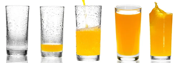 Collage of orange juice in a glass on white background — Stockfoto