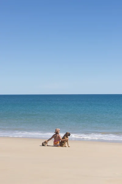 Mulher Sênior e cães de estimação sentados na praia tropical — Fotografia de Stock