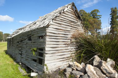 Eski terk edilmiş çiftlik kulübe yeşil sahada