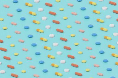 Mavi arka planda bir sürü izometrik hap var. 3B illüstrasyon