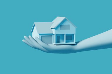 Mavi arka planda küçük bir ev. Soyut konsept 3D illüstrasyon