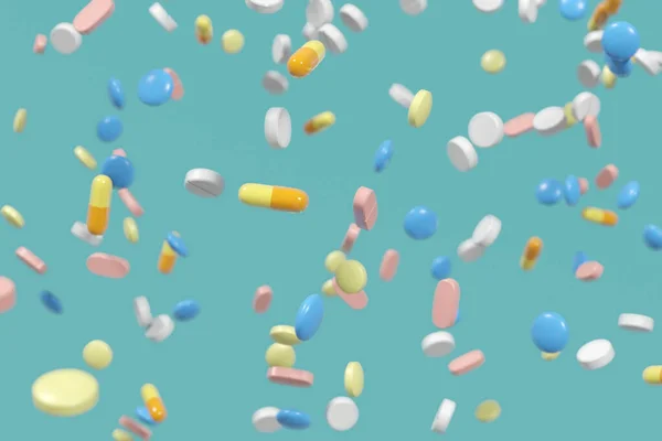 Viele Verschiedene Fliegende Pillen Mit Sanftem Volumenfokus Auf Blauem Hintergrund — Stockfoto