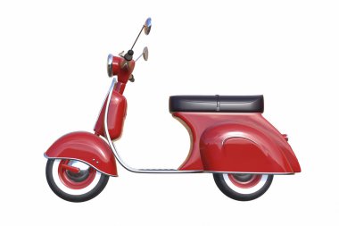 Kırmızı çizgi film motosikleti, yan görüş. Hayali model 3D görüntüleme, beyaz arkaplanda izole edilmiş