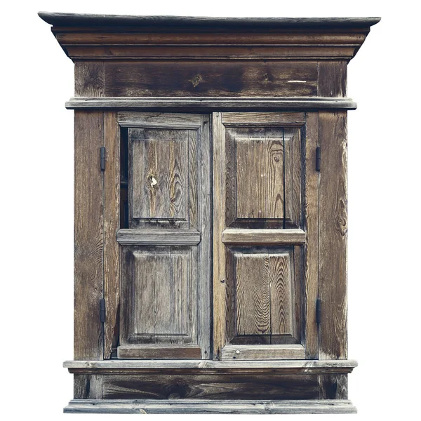 Altes Ramponiertes Holzfenster Mit Herunterhängenden Rissigen Rollläden Verschlossen — Stockfoto