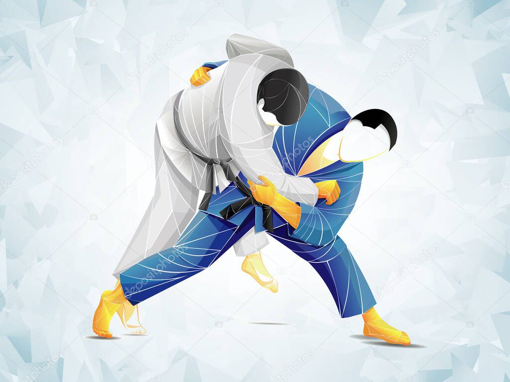 Fighting sambo, judo, karate, taekwondo set. Geometric athletes, fighters