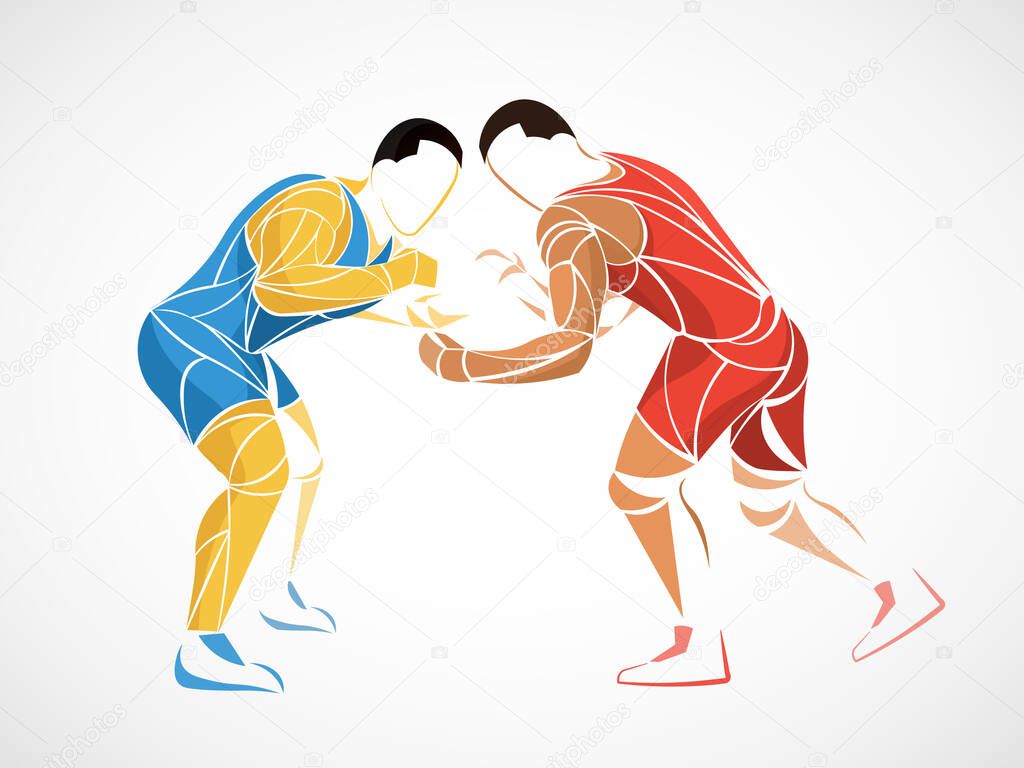 Fighting sambo, judo, karate, taekwondo set. Geometric athletes, fighters