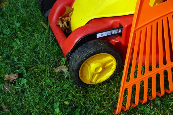 정원에서 일하기 악세서리 잔디깎는 기계와 — 스톡 사진