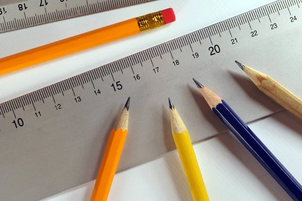 Crayons Aiguisés Règles Préparées Pour Dessin Préparation Travail — Photo