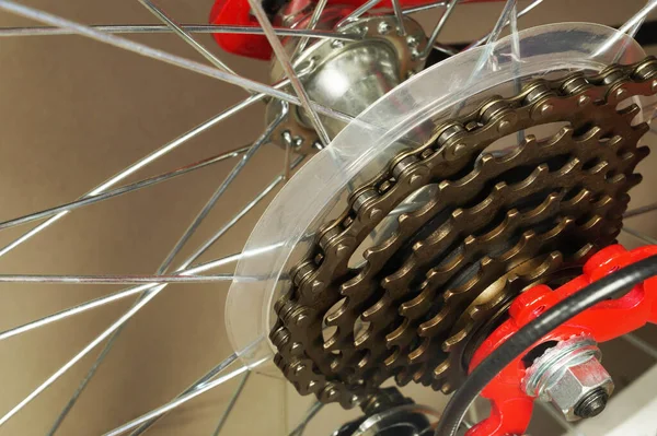 Kırmızı Bir Bisikletin Arka Tekerleği Raylı Vites Koluna Yakın — Stok fotoğraf