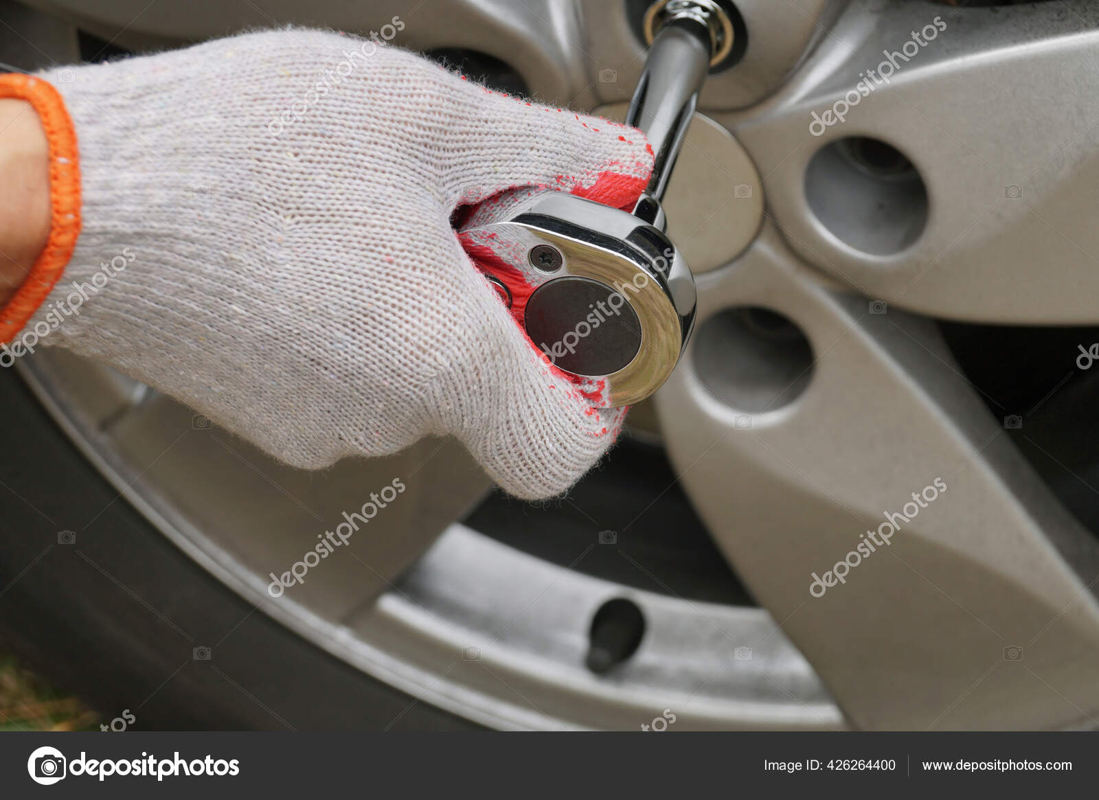 Screwing Car Wheel Torque Wrench Car Repair Stock Photo by