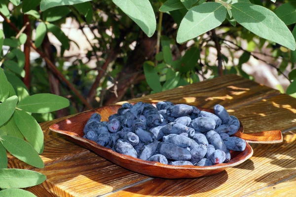 Uma Bandeja Madeira Cheia Frutas Recém Colhidas Bagas Kamchatka — Fotografia de Stock