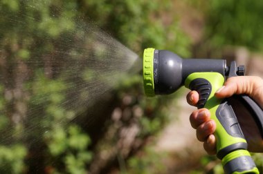 Su tabancasıyla mahsulleri sulamak. Güneşli bir su akıntısı.