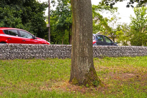 Oddzielenie Ulicy Terenu Parku Fragment Ogrodzenia Zrobionego Gabionów — Zdjęcie stockowe