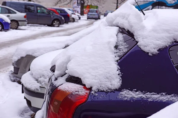 Cars Covered Thick Layer Frozen Snow Estate Car Park Winter — Stock Photo, Image