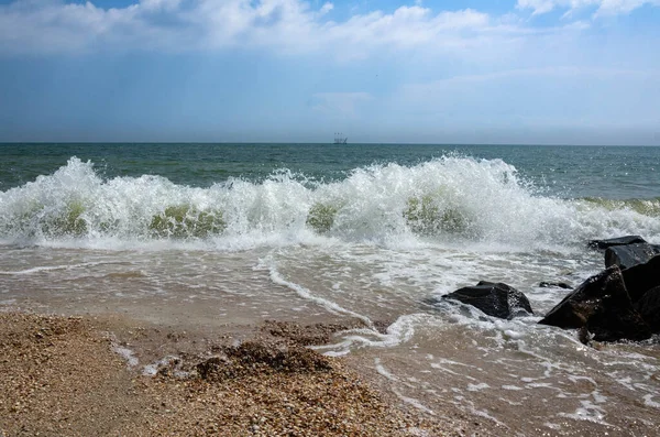 Seascape Waves Roll Shore Breaking Stones Stock Picture