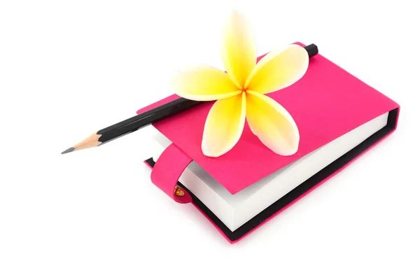 Blank note book with pencil and flower — Stock Photo, Image