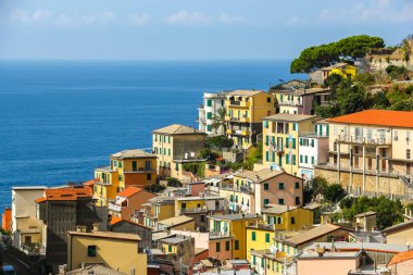 Riomaggiore 'nin güzel manzarası, La Spezia, Liguria, İtalya' da bir köy..