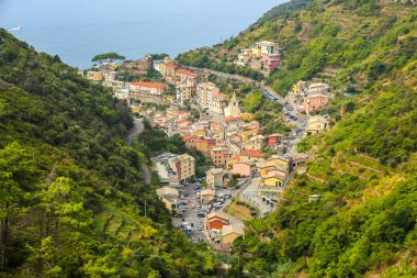 Riomaggiore 'nin güzel manzarası, La Spezia, Liguria, İtalya' da bir köy..