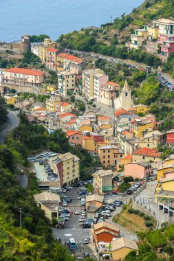 Riomaggiore 'nin güzel manzarası, La Spezia, Liguria, İtalya' da bir köy..