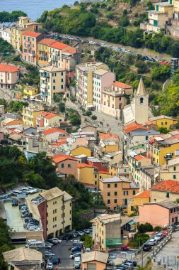 Riomaggiore 'nin güzel manzarası, La Spezia, Liguria, İtalya' da bir köy..