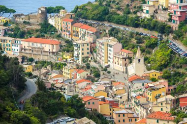 Riomaggiore 'nin güzel manzarası, La Spezia, Liguria, İtalya' da bir köy..