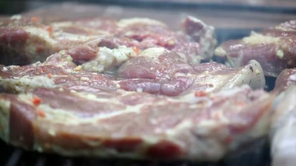 Rauw varkensvlees steak op de barbecue — Stockvideo