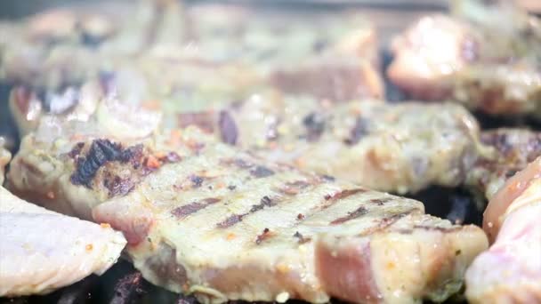 烤架上的猪肉牛排 — 图库视频影像