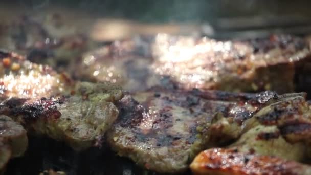 Alas de pollo y carne de cerdo a la parrilla — Vídeo de stock