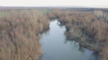 Ormanla çevrili küçük bir nehrin üzerinde uçarken, insansız hava aracıyla çekilen hava görüntüleri.