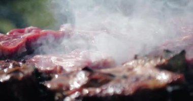 Güneşli bir bahar gününde, sıcak bir barbeküde bir adamın eti çevirdiği yakın çekim.