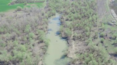 Bulutlu bir günde, kuş uçmaz kervan geçmez bir yerde kalın bir ağaçla çevrili kasvetli bir nehrin üzerinde kamera dronu ile uçmak.