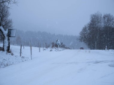 Şiddetli kar yağışı sırasında tehlikeli dağ asfaltı yolu, kötü hava, sis, arka planda araba, karla kaplı ağaçlar. Jeseniky Dağları, Çek Cumhuriyeti.