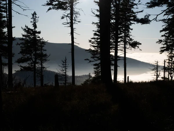 View Mountain Range Valley Fog Clouds High Altitude Landscape Sun — Stock Photo, Image