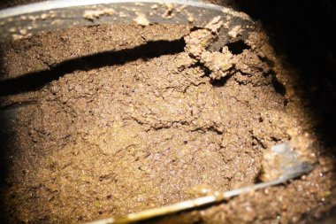 Yunanistan 'ın Attica kentindeki Attica kentinde bulunan zeytinyağı değirmeninde zeytinyağı çıkarma sürecinde zeytin ezmesi eksiltme tankında.