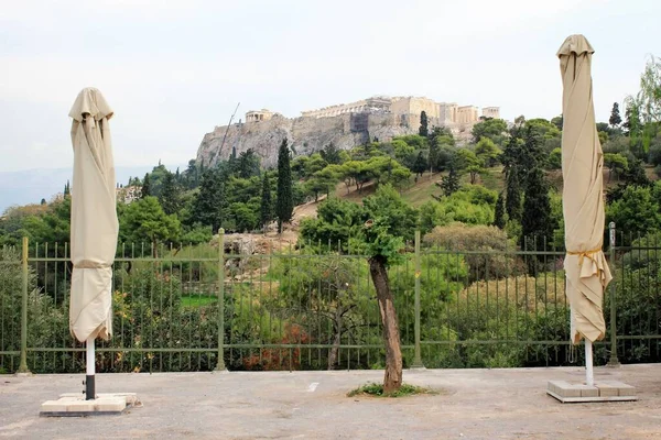 Griechenland Athen November 2020 Geschlossene Schirme Eines Leeren Café Restaurants — Stockfoto