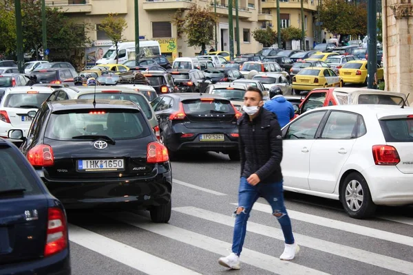 Starker Verkehr Auf Den Straßen Athens Nach Der Ankündigung Einer — Stockfoto