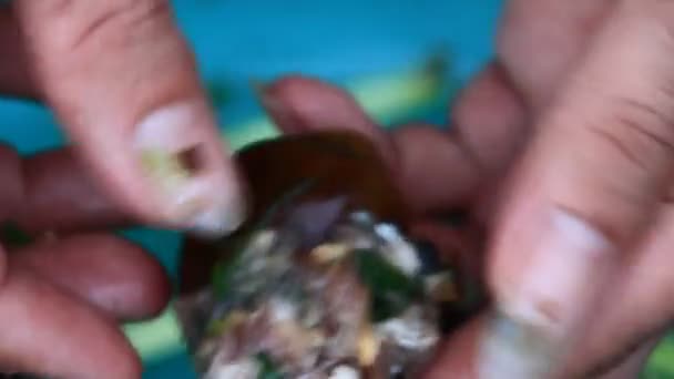 Schnecke Mit Fleisch Gefüllt Und Gedämpft — Stockvideo