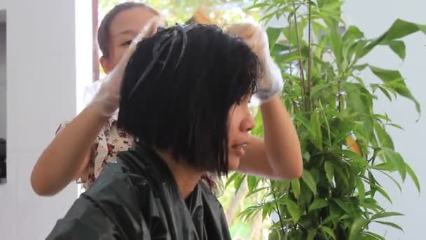 Colorante de pelo peluquero para cliente — Vídeo de stock