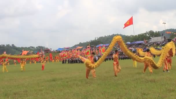 Een groep van Aziatische mensen dansen draak in volksfeesten — Stockvideo