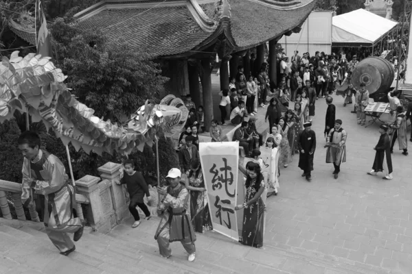 Un grupo de personas asiáticas bailan dragón en festivales folclóricos —  Fotos de Stock