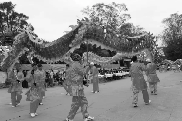 Un grupo de personas asiáticas bailan dragón en festivales folclóricos — Foto de Stock