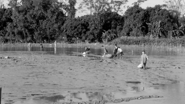 Pescadores que pescam na lagoa — Fotografia de Stock