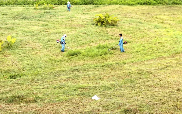 Trädgårdsmästare gräsklippning gräsmatta med gas trimmer, vietnam — Stockfoto