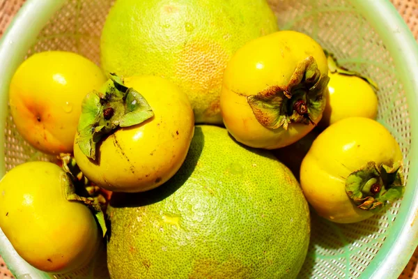 The persimmons and grapefruit in the basket — Stock Photo, Image